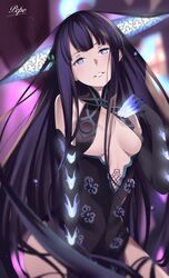  bare_shoulders black_dress black_gloves black_headwear blue_eyes blunt_bangs blush breasts center_opening cleavage dress elbow_gloves fate/grand_order fate_(series) female gloves grin hair_ornament highres leaf_hair_ornament long_hair looking_at_viewer medium_breasts pei_iriya pelvic_curtain purple_hair sidelocks smile solo thighs very_long_hair yang_guifei_(fate) yang_guifei_(third_ascension)_(fate) 