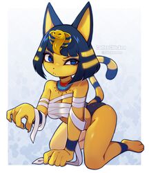  animal_crossing animal_ears ankha_(animal_crossing) artist_name bandages blue_eyes blue_hair blue_panties blue_tail bob_cut breasts cat_ears cat_girl cat_tail chest_sarashi coffeechicken egyptian female furry furry_female kneeling looking_at_viewer medium_breasts medium_hair panties sarashi solo striped_tail tail underwear watermark yellow_tail 