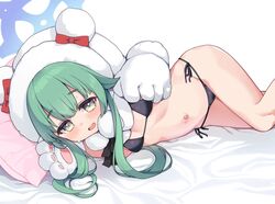  absurdres animal_hands animal_hood bed_sheet bikini black_bikini blue_archive blue_halo blush breasts commission feet_out_of_frame female gloves green_eyes green_hair halo highres hood hood_up long_hair looking_at_viewer lying momiji_(blue_archive) navel on_bed on_side open_mouth paw_gloves pillow pixiv_commission sacha side-tie_bikini_bottom sidelocks small_breasts smile solo sweatdrop swimsuit variant_set 