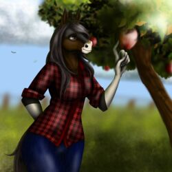  1:1 2019 anthro apple apple_tree breasts clothing cloud denisse_(utap) digital_media_(artwork) equid equine equine_ears female fexneel_denisse field_background food fruit fruit_tree hi_res horse mammal pattern_clothing pattern_topwear plaid plaid_clothing plaid_topwear plant sky smile snout solo topwear tree 