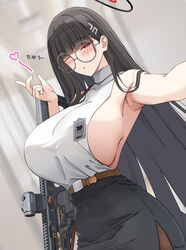  alternate_breast_size armpits bad_anatomy bad_arm bespectacled black_hair black_skirt blue_archive blush breasts bright_pupils brown_pantyhose collarbone cowboy_shot female glasses gun hair_ornament hairpin halo heart highres huge_breasts keenh kriss_vector long_hair looking_at_viewer one_eye_closed pantyhose parted_lips pencil_skirt red_eyes rio_(blue_archive) round_eyewear selfie shirt sideboob signature skirt solo submachine_gun weapon white_pupils white_shirt 