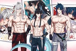  4boys abs bandaged_hand bandages belt bishounen black_gloves black_hair blade_(honkai:_star_rail) blue_hair blue_pants caelus_(honkai:_star_rail) dan_heng_(honkai:_star_rail) dan_heng_(imbibitor_lunae)_(honkai:_star_rail) dragon_horns dragon_tail gloves grey_hair grey_pants hair_between_eyes hair_over_one_eye hair_ribbon highres honkai:_star_rail honkai_(series) horns jing_yuan klasnyxie long_hair male_focus multicolored_hair multiple_boys muscular muscular_male navel nipples pants ponytail red_eyes red_pants ribbon scar stomach tail trailblazer_(honkai:_star_rail) white_hair yaoi 