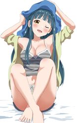  absurdres blue_hair breasts brown_eyes camisole cleavage collarbone female grey_camisole haruki_(haruki678) highres idolmaster idolmaster_million_live! kitakami_reika large_breasts light_blush long_hair looking_at_viewer one_eye_closed open_mouth short_shorts shorts sitting smile solo striped_camisole towel 