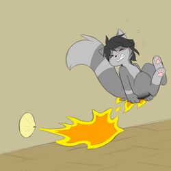  1:1 anthro ass black_hair burning butt_on_fire digital_media_(artwork) domestic_cat felid feline felis fire flamethrower fur grey_body grey_fur hair hi_res jineko_(artist) jineko_(character) male mammal multicolored_body multicolored_fur pain ranged_weapon solo tail trap_(contrivance) two_tone_body two_tone_fur weapon 