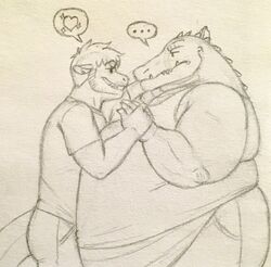  anthro belly belly_press big_belly cody_(swatthefox) crocodile crocodilian crocodylid dragon duo eon54 eye_contact heart_symbol hi_res hug jagged_(eon54) looking_at_another male male/male mythological_creature mythological_scalie mythology overweight overweight_anthro overweight_male reptile scalie size_difference smaller_male smile speech_bubble tail traditional_media_(artwork) 