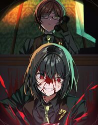  2girls black_hair black_shirt blood blood_on_face brown_hair brown_vest commentary_request green_necktie highres mu46016419 multiple_girls necktie outis_(project_moon) project_moon red_eyes ryoshu_(project_moon) shirt vest yellow_eyes 