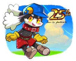  2023 5_fingers anniversary anthro bandai_namco black_body black_fur blush bottomwear clothing cloud collar domestic_cat eyebrows fangs felid feline felis fingers footwear fur grass happy hi_res hybrid klonoa klonoa_(series) lagomorph leporid looking_at_viewer male mammal navel open_mouth outside pac-man pac-man_(series) plant rabbit shorts solo teeth the8mice yellow_eyes 