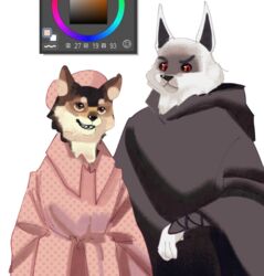  anthro art_program_in_frame big_bad_wolf_(shrek) brown_body brown_eyes brown_fur canid canine canis clip_studio_paint_(artwork) clothing death_(puss_in_boots) digital_media_(artwork) dreamworks duo facial_markings fur gown hat head_markings headgear headwear low_res male mammal markings mask_(marking) nightgown poncho puss_in_boots_(dreamworks) red_eyes sanppa_popo simple_background smile standing white_background white_body white_fur wolf 