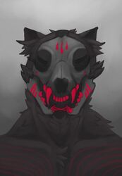  2020 anterior_nasal_aperture anthro black_body black_ears black_fur black_straps black_tuft bone bust_portrait canid cheek_tuft chest_markings chest_tuft clothed clothing collarbone deltoids digital_media_(artwork) digital_painting_(artwork) facial_tuft fangs front_view fur grey_back head_tuft male male_anthro mammal markings mask neck_tuft paint pecs portrait possumcrimes prick_ears red_face_paint red_markings red_paint red_teeth sharp_teeth simple_background skull skull_mask solo split_jaw straps teeth topless topless_anthro topless_male tuft 