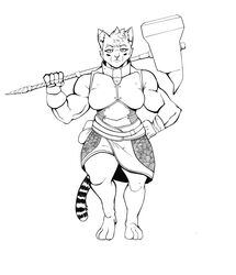  2020 3_toes 5_fingers absurd_res anthro armor barefoot belt biceps biped black_and_white breastplate breasts catfolk cheek_markings cheek_tuft clothed clothed_anthro clothed_female clothing digital_drawing_(artwork) digital_media_(artwork) eyebrows facial_markings facial_tuft feet felid female female_anthro fingers front_view full-length_portrait fur fur_tuft gauntlets gloves hair half-closed_eyes hammer hammer_over_shoulder hand_on_hip handwear hasbro head_markings hi_res holding_hammer holding_maul holding_melee_weapon holding_object holding_tool holding_weapon looking_at_viewer mammal markings maul melee_weapon monochrome musclegut muscular muscular_anthro muscular_female narrowed_eyes pathfinder portrait possumcrimes prick_ears pupils ring_(marking) ringed_tail sarong simple_background slightly_chubby slightly_chubby_anthro slightly_chubby_female slit_pupils solo standing striped_markings striped_tail stripes tail tail_markings thick_thighs toes tools tuft weapon weapon_on_shoulder white_background wizards_of_the_coast 