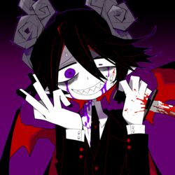  1boy @_@ bags_under_eyes black_background black_hair black_nails black_suit blood blood_on_face blood_on_hands blood_on_knife colored_skin demon_boy demon_horns demon_wings evil_smile funamusea funamusea_(artist) gradient_background holding holding_knife horns jaggy_lines knife male_focus purple_background purple_blood purple_eyes purple_outline satanick_(funamusea) shaded_face sharp_teeth smile solo suit sweat sweatdrop teeth white_skin wings yandere 