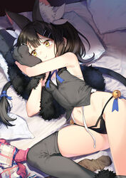  animal_ear_fluff animal_ears animal_hands bare_shoulders bell black_hair black_panties blue_ribbon blush breasts cat_ears cat_tail coffeekite fake_animal_ears fate/kaleid_liner_prisma_illya fate_(series) feather_hair_ornament feathers female gloves grey_gloves grey_thighhighs grey_vest hair_ornament hairclip highres jingle_bell long_hair looking_to_the_side lying miyu_edelfelt miyu_edelfelt_(beast_style) navel neck_ribbon on_side panties paw_gloves pillow ribbon small_breasts solo tail thighhighs thighs twintails underwear vest yellow_eyes 