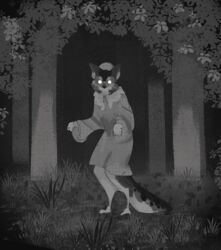  anthro big_bad_wolf_(shrek) canid canine canis clothing forest forest_background glowing glowing_eyes gown grass hat headgear headwear looking_at_viewer male mammal monochrome nature nature_background night nightgown plant raised_arms sanppa_popo shrub solo standing tree wolf 