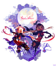  2girls absurdres ahoge artist_request assassin belt black_footwear black_gloves bodystocking bodysuit boots braid building cloak dungeon_and_fighter garter_belt gloves glowing glowing_eyes highres holding holding_knife hood hooded_cloak knife moon multiple_girls red_eyes shadow_dancer_(dungeon_and_fighter) smile stairs thief_(dungeon_and_fighter) thigh_boots torn_clothes twin_braids weapon white_hair 