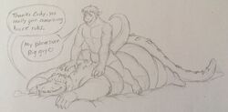  anthro backrub belly big_belly cody_(swatthefox) crocodile crocodilian crocodylid dialogue dragon duo english_text eon54 heart_symbol jagged_(eon54) looking_pleasured lying male male/male massaging motion_lines mythological_creature mythological_scalie mythology on_back on_front overweight overweight_anthro overweight_male reptile scalie size_difference smaller_male smile speech_bubble spread_legs spreading tail tail_motion tailwag text traditional_media_(artwork) 