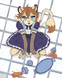  4:5 anthro clothed clothing clumsy crossdressing cygames deebeeooo domestic_cat embarrassed felid feline felis hi_res maid_uniform male mammal solo teo_(world_flipper) uniform world_flipper 