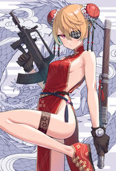  assault_rifle black_gloves blonde_hair breasts bullpup bun_cover china_dress chinese_clothes commentary_request double_bun dragon dress eastern_dragon eyepatch female gloves gun hair_between_eyes hair_bun highres holding holding_weapon kirika_sanada_(samaru) leg_up looking_at_viewer medium_breasts no_panties original parted_lips pink_eyes qbz-95 red_dress red_footwear ribs rifle samaru_(seiga) shoes short_hair sideboob sleeveless sleeveless_dress solo thigh_strap trigger_discipline weapon 