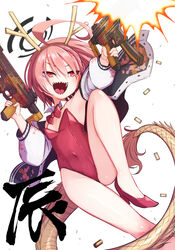  :d absurdres ahoge bare_legs bare_shoulders black_halo blue_archive bow bowtie chinese_zodiac commentary_request covered_navel detached_collar dragon_girl dragon_horns dragon_tail female firing gun hair_between_eyes halo highres holding holding_gun holding_weapon horns jacket konboi-eg leotard neru_(blue_archive) neru_(bunny)_(blue_archive) official_alternate_costume open_mouth playboy_bunny red_bow red_bowtie red_eyes red_hair red_leotard sharp_teeth short_hair simple_background smile solo tail teeth weapon white_background white_jacket year_of_the_dragon yellow_horns 