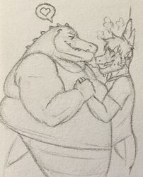  anthro belly belly_press big_belly cody_(swatthefox) crocodile crocodilian crocodylid dragon duo eon54 eye_contact heart_symbol hi_res hug jagged_(eon54) kabedon looking_at_another male male/male mythological_creature mythological_scalie mythology overweight overweight_anthro overweight_male reptile scalie size_difference smaller_male smile speech_bubble traditional_media_(artwork) 