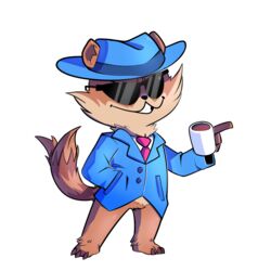  1:1 alpha_channel anthro clothed clothing coffee_mug eyewear fireburn_(artist) gesture hand_gesture hand_in_pocket hat headgear headwear hi_res male mammal mo_(undertale_yellow) neck_tuft necktie official_art pantsless pockets pointing procyonid raccoon solo suit sunglasses tuft undertale_(series) undertale_yellow 