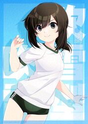  alternate_costume black_eyes blue_background breasts brown_hair buruma character_name cowboy_shot drop_shadow english_text female fubuki_(kancolle) glaze_artifacts green_buruma gym_shirt gym_uniform hair_between_eyes hand_up highres inaba_shiki kantai_collection light_blush looking_at_viewer low_ponytail medium_hair paid_reward_available shirt short_sleeves sidelocks signature simple_background small_breasts smile solo standing text_background thigh_gap thighs watermark white_shirt 