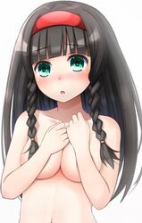  :o black_hair blunt_bangs blush braid breasts collarbone commentary_request covering_breasts covering_privates doria_(p_f_dolia) female green_eyes hairband k-sha large_breasts long_hair looking_at_viewer navel neptune_(series) nude parted_lips red_hairband shin_jigen_game_neptune_vii smile solo twin_braids upper_body 