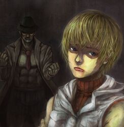  1boy abs blonde_hair commentary_request douglas_cartland female heather_mason miniskirt mugai_(tamac) silent_hill_(series) silent_hill_3 skirt sleeveless vest wristband 