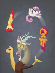  2015 3:4 apple_bloom_(mlp) bound chimera discord_(mlp) draconequus earth_pony equid equine feathered_wings feathers female friendship_is_magic group hasbro hi_res horn horse juggling male mammal my_little_pony mythological_creature mythological_equine mythology orange_body orange_feathers pegasus pony scootaloo_(mlp) sketchyjackie sweetie_belle_(mlp) unicorn wings 