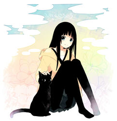  black_hair blue_eyes chito(flying_witch) chito_(flying_witch) feline flying_witch hime_cut kowata_makoto pantyhose skirt sweater 