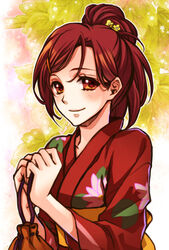  brown_eyes brown_hair commentary female free! high_ponytail holding japanese_clothes kimono long_hair looking_at_viewer matsuoka_gou obi red_kimono rio_(rio_01) sash smile solo yukata 