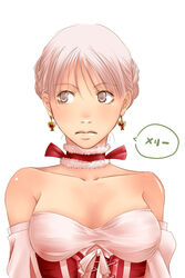  bare_shoulders choker christmas close-up earrings female highres jewelry mr.romance original pink_eyes pink_hair short_hair solo 