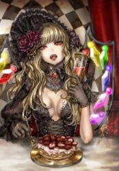  aged_up alternate_costume alternate_hair_length alternate_hairstyle bad_id bad_pixiv_id blonde_hair bonnet breasts cake checkered_background cleavage cup curtains drinking_glass elbow_rest fangs female flandre_scarlet flower food fork fruit gloves hair_flower hair_ornament head_tilt jewelry lace lolita_fashion long_hair long_sleeves looking_at_viewer necklace open_mouth plate red_eyes red_flower red_rose ring rose solo strawberry third-party_edit touhou wine_glass wings yuudai_(oromizu) 