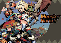  3girls armor arzuros_(armor) backpack bag barrel belt blue_eyes boned_meat book boots character_request commentary_request dark-skinned_female dark_skin feathers felyne food fur_trim green_eyes green_hair grey_hair hairband hat helmet highres horns huge_weapon kirin_(armor) leaf long_hair meat midriff monster_hunter_(character) monster_hunter_(series) monster_hunter_portable_3rd multiple_girls mushroom navel open_mouth photoshop_(medium) poogie purple_eyes red_eyes sidelocks single_horn sword thighhighs torashiro_eiji twintails weapon yukumo_(armor) 