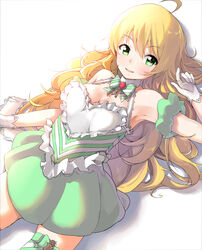  ahoge alternate_costume blonde_hair breasts cleavage commentary_request female gloves green_eyes green_skirt heart heart-shaped_pupils highres hoshii_miki idolmaster idolmaster_(classic) kurokin long_hair medium_breasts skirt smile solo symbol-shaped_pupils teatime_happiness_(idolmaster) white_gloves 