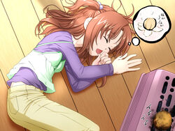  bad_id bad_pixiv_id brown_hair casual female lying messy_hair minami-ke on_floor on_side sleeping solo speech_bubble takeda_yukimura two_side_up uchida_yuka wooden_floor 