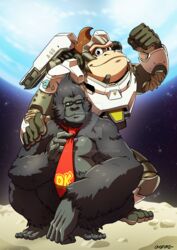  ape armor bodysuit cosplay costume_switch deviantart_username donkey_kong donkey_kong_(cosplay) donkey_kong_(series) glasses gorilla highres mario_(series) necktie onichan-xd open_mouth overwatch power_armor smile space watermark winston_(overwatch) winston_(overwatch)_(cosplay) 