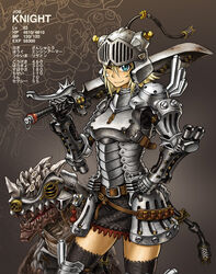  armor blonde_hair blue_eyes commentary_request female helmet knight monster original short_hair solo sword thighhighs tony_(chikaku_kabin) weapon zettai_ryouiki 