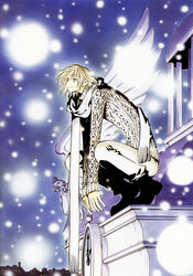  1boy absurdres angel angel_statue aran_sweater blonde_hair blue_eyes building cable_knit city clamp_(circle) clock closed_mouth fai_d._flowright from_side half-closed_eyes highres long_arms long_sleeves long_torso looking_afar male_focus night official_art on_roof outdoors pants photoshop_(medium) rooftop scarf sitting_on_roof smile snow snowing solo squatting statue sweater tsubasa_chronicle white_pants white_scarf white_sweater winter 