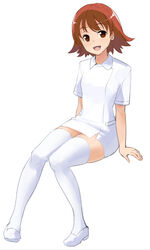  arakawa_kei blush brown_eyes brown_hair commentary_request female nurse open_mouth saki_(manga) saki_achiga-hen short_hair solo thighhighs toritori white_thighhighs 