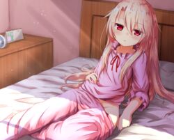  arm_support baram bed bed_sheet blonde_hair calendar_(object) commentary_request fate/kaleid_liner_prisma_illya fate_(series) female hair_between_eyes half-closed_eyes illyasviel_von_einzbern indoors long_hair long_sleeves looking_at_viewer no_panties on_bed pajamas pajamas_pull pillow reclining red_eyes red_ribbon ribbon sidelocks sitting solo sunlight 