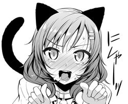  akino_sora animal_ears animal_pose bell blush cat_ears cat_tail collar commentary_request embarrassed female full-face_blush greyscale hair_ornament hairclip jingle_bell looking_at_viewer love_live! love_live!_school_idol_project medium_hair monochrome neck_bell nishikino_maki photoshop_(medium) solo tail tears 