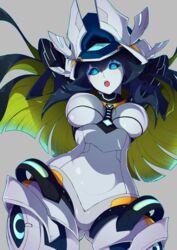  android arms_behind_head blue_eyes breasts chinese_commentary code_maya commentary_request elsword female highres large_breasts looking_at_viewer robot simple_background solo waero 