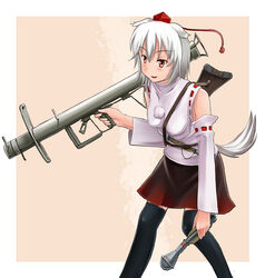  animal_ears commentary_request detached_sleeves female gun hat inubashiri_momiji kcme knife panzerschreck panzerwurfmine_lang red_eyes rifle rocket_launcher short_hair solo tail thighhighs tokin_hat touhou weapon white_hair wolf_ears wolf_tail 