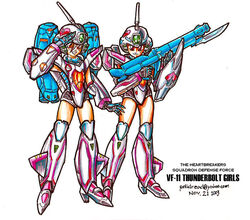  2girls armor brown_hair macross macross_7 mecha_musume multiple_girls polidread red_eyes salute super_pack vf-11 