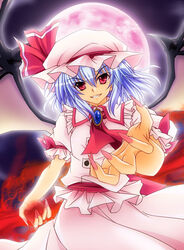  aoi_hiro bat_wings blue_hair commentary_request female fingernails full_moon hat hat_ribbon moon photoshop_(medium) red_eyes red_moon remilia_scarlet ribbon solo spear_the_gungnir touhou wings 