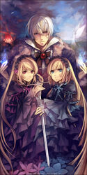  2girls angel artist_name bangs blonde_hair blue_dress blue_eyes border bow bowtie brooch coat dated dress facial_mark flower frills fur_trim hair_flower hair_ornament headdress heterochromia hiver_laurant holding hortense jewelry long_hair long_sleeves md5_mismatch multiple_girls purple_dress purple_eyes red_eyes roman siblings sinsora sisters sound_horizon statue sword text_focus twins very_long_hair violette weapon white_hair wide_sleeves windmill 