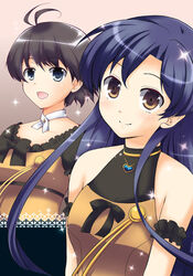  2girls black_hair blue_eyes blue_hair brown_eyes commentary_request idolmaster idolmaster_(classic) kikuchi_makoto kisaragi_chihaya live_for_venus_(idolmaster) long_hair mizushima_aru multiple_girls short_hair 