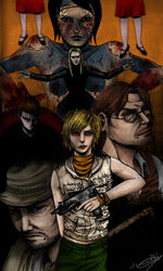  blonde_hair breasts claudia_wolf commentary_request douglas_cartland gun harry_mason heather_mason highres lead_pipe miniskirt multiple_boys multiple_girls photoshop_(medium) schrootdinger silent_hill_(series) silent_hill_3 skirt sleeveless submachine_gun vest vincent_smith weapon wristband 