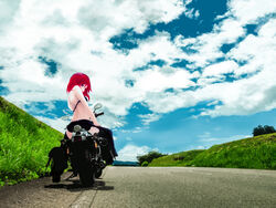  akino_sora bikini boots cloud commentary_request day female from_ground looking_at_viewer looking_back love_live! love_live!_school_idol_project motor_vehicle motorcycle nishikino_maki outdoors purple_eyes red_hair road short_hair sky solo swimsuit thighhighs 