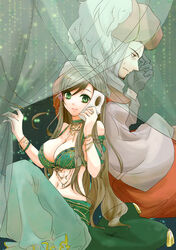  1boy arabian_clothes axis_powers_hetalia bad_id bad_pixiv_id bangle bracelet breasts brown_hair cleavage dancer female flower gloves green_eyes hair_flower hair_ornament harem_outfit highres hungary_(hetalia) jewelry long_hair mask medium_breasts midriff photoshop_(medium) pokopoko_pon ring sitting smile turban turkey_(hetalia) very_long_hair 